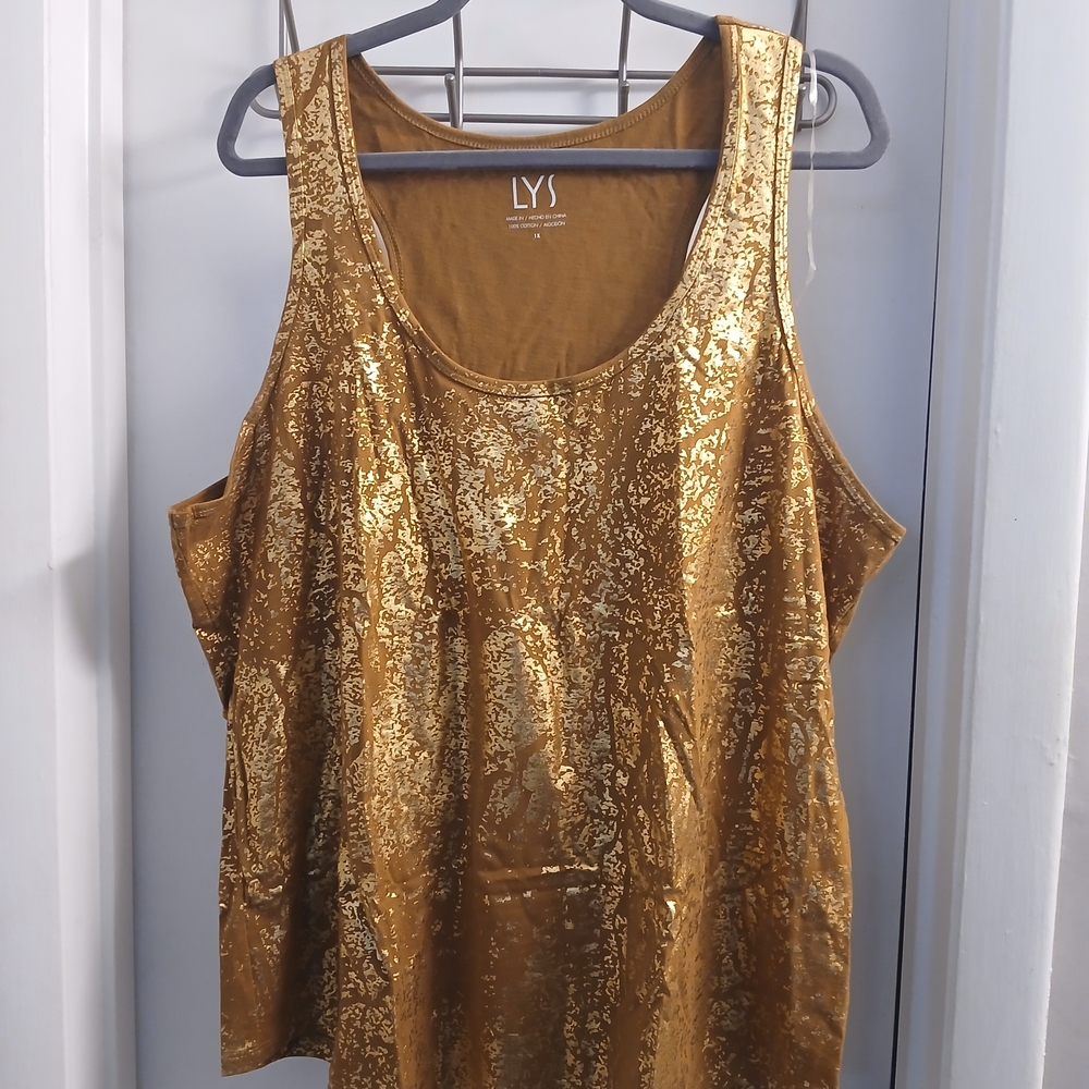 Metallic Gold Foil Splatter Print Knit Racerback Tank Top 1X